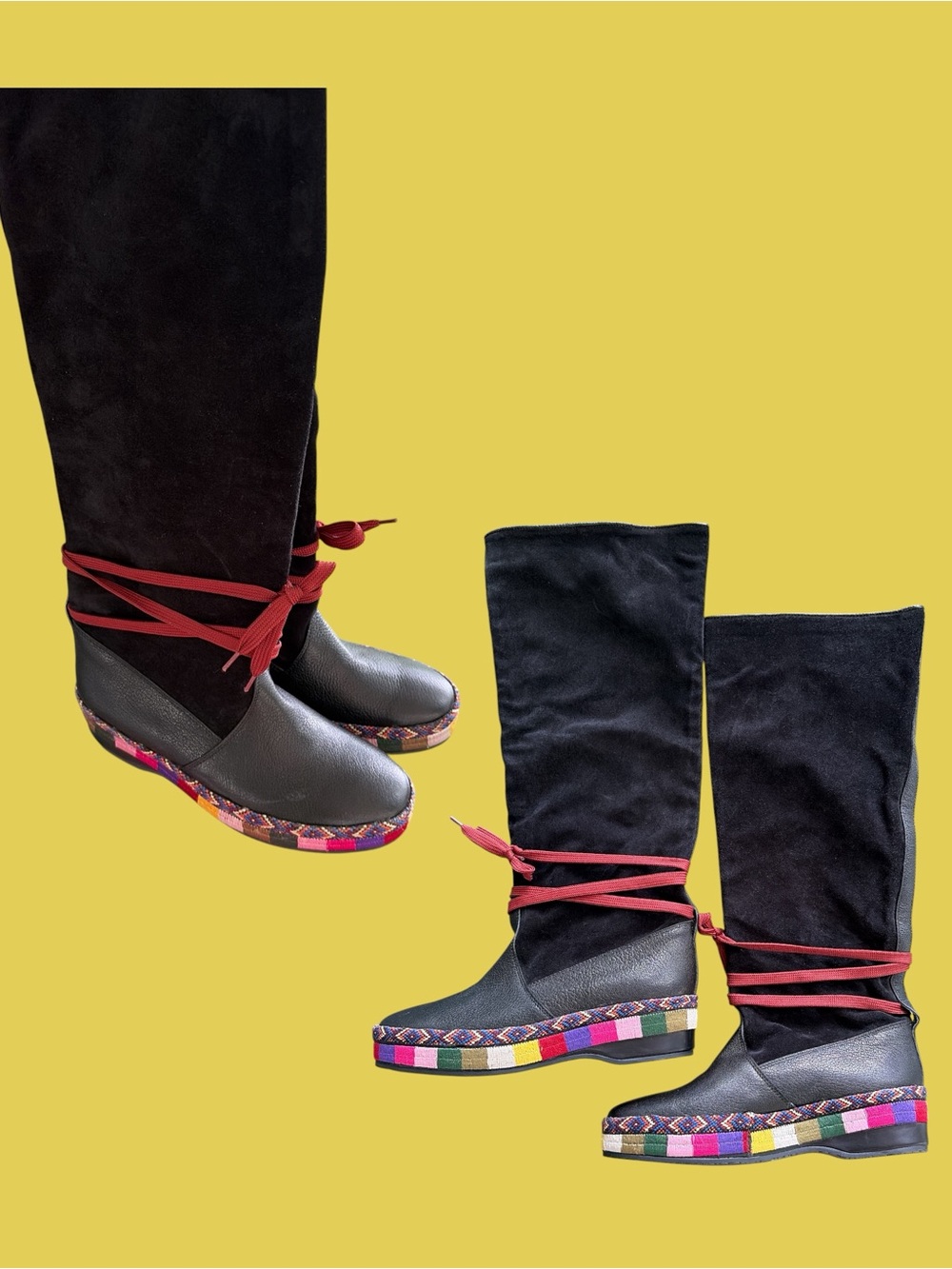 Etro Black Knee-High Wedge Boots with Multicolor Trim